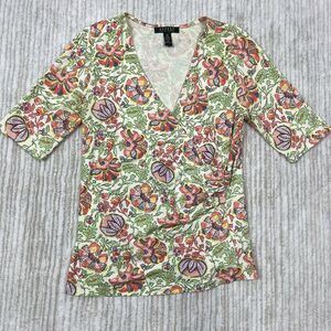 Lauren Ralph Lauren Shirt Womens‎ M Green Floral Top Flowers Colorful Fitted